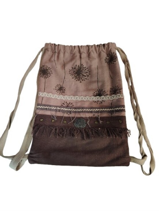 Vo-Ho Handbags - VO-HO Boho Dandelion Drawstring Backpack – Mauve & Chocolate Cotton Linen Cinch